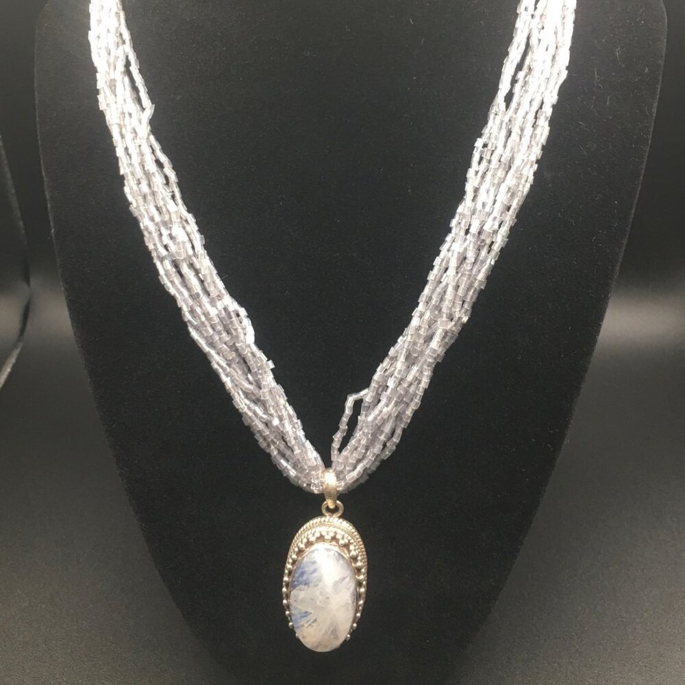 Stunning Sterling Sliver (925) Blue Fire Moonstone and Bead Statement Necklace